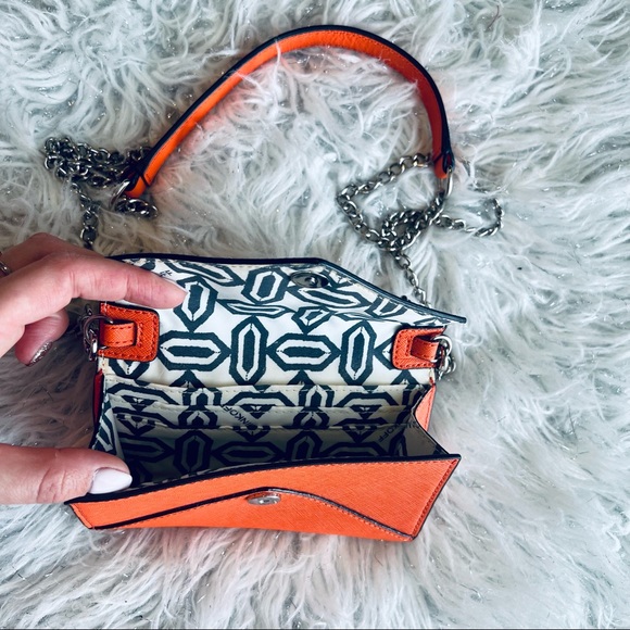 Rebecca Minkoff Leather Orange Studded Spiked on a Chain Wallet Clutch Purse - Picture 6 of 6